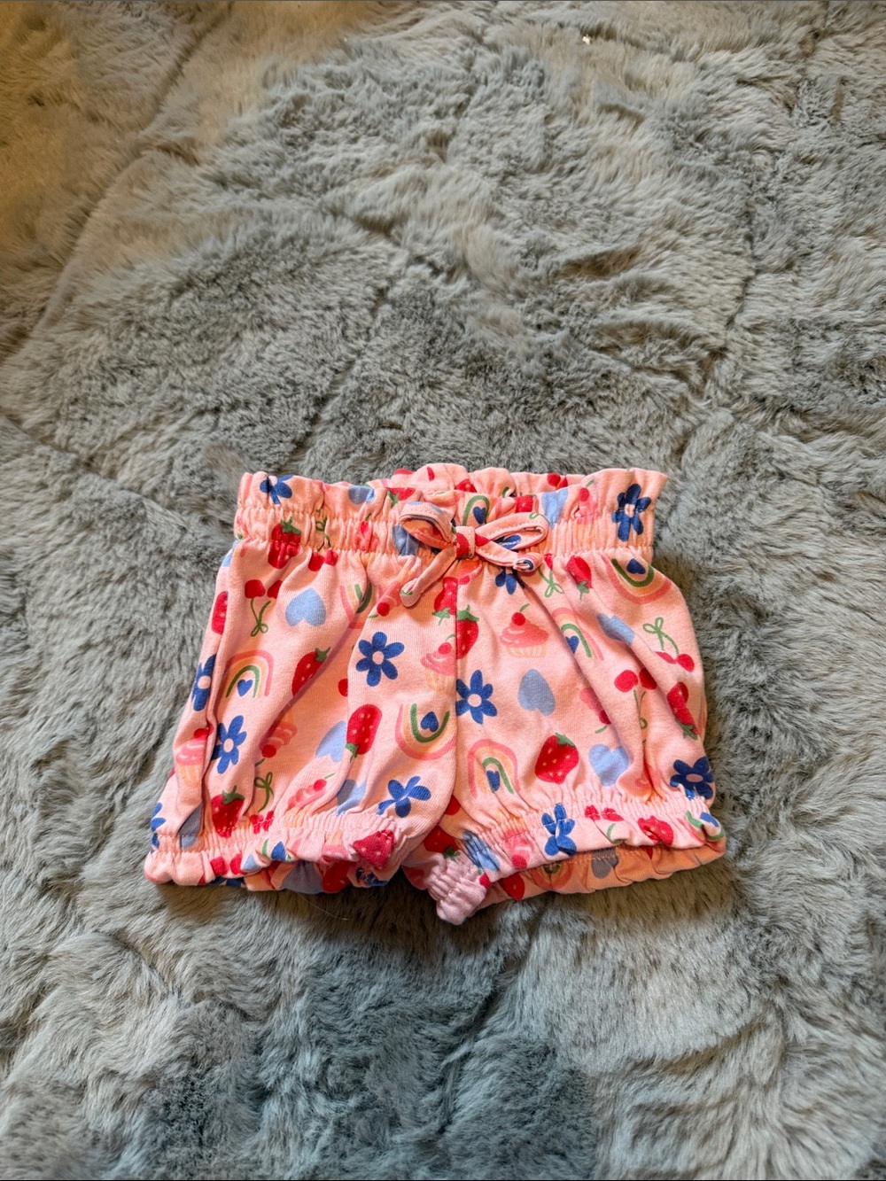 Babys Pink Strawberry & Flower Print Elastic Waist Shorts